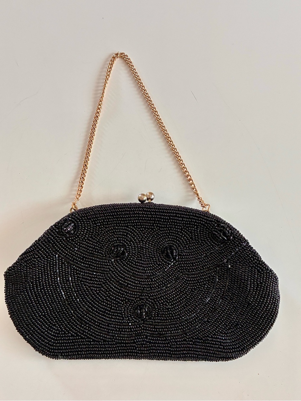 40s Made in Japan Ladies Hand-Beaded Black Evening Clutch with Kiss-Lock Closure